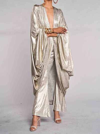 Batwing Sleeves Long Sleeves Shiny Solid Color Deep V-Neck Blouses&shirts Tops