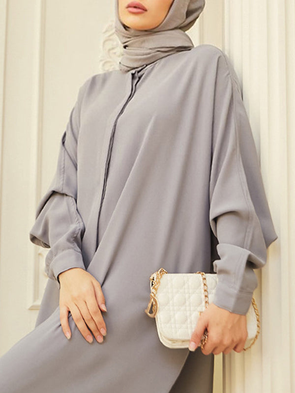 Batwing Sleeves Loose Buttoned Muslim Solid Color Split-Side Round-Neck Maxi Dresses