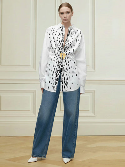 Long Sleeves Loose Brooch Elasticity Heart Shape Pleated Print Lapel Collar Blouses&Shirts Tops