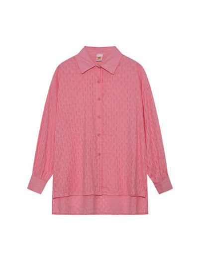 High-Low Long Sleeves Buttoned Jacquard Solid Color Lapel Shirts Top +Shorts Bottom Two Pieces Set