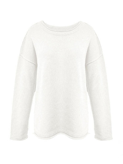 Long Sleeves Loose Solid Color Split-Joint Round-Neck Sweater Tops