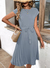A-Line Loose Pleated Solid Color Tied Waist Round-Neck Midi Dresses
