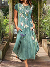 A-Line Loose Animal Printed Flower Print Round-Neck Midi Dresses