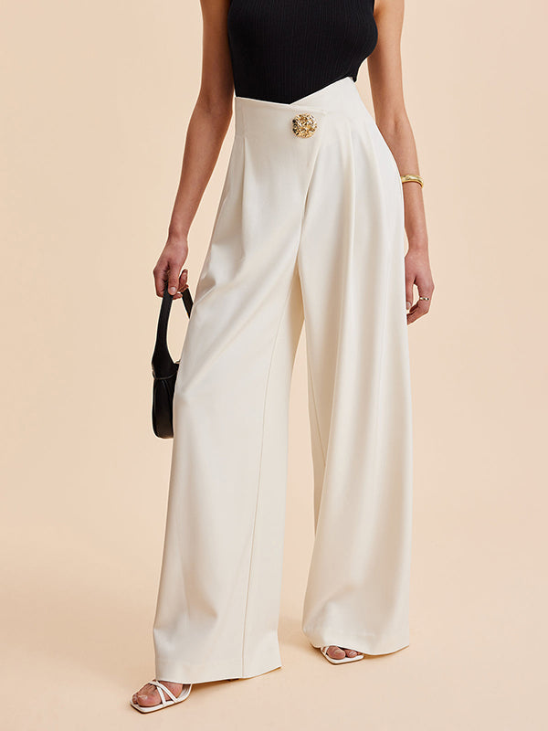 High Waisted Loose Buttoned Pleated Solid Color Pants Trousers