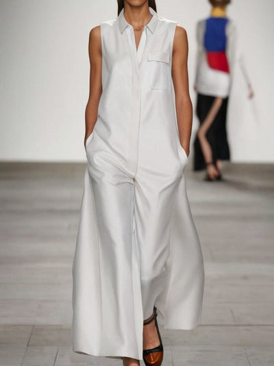 Loose Sleeveless Pockets Solid Color Lapel Jumpsuits