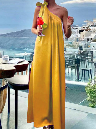 A-Line Loose Asymmetric Pleated Solid Color Tied One-Shoulder Maxi Dresses