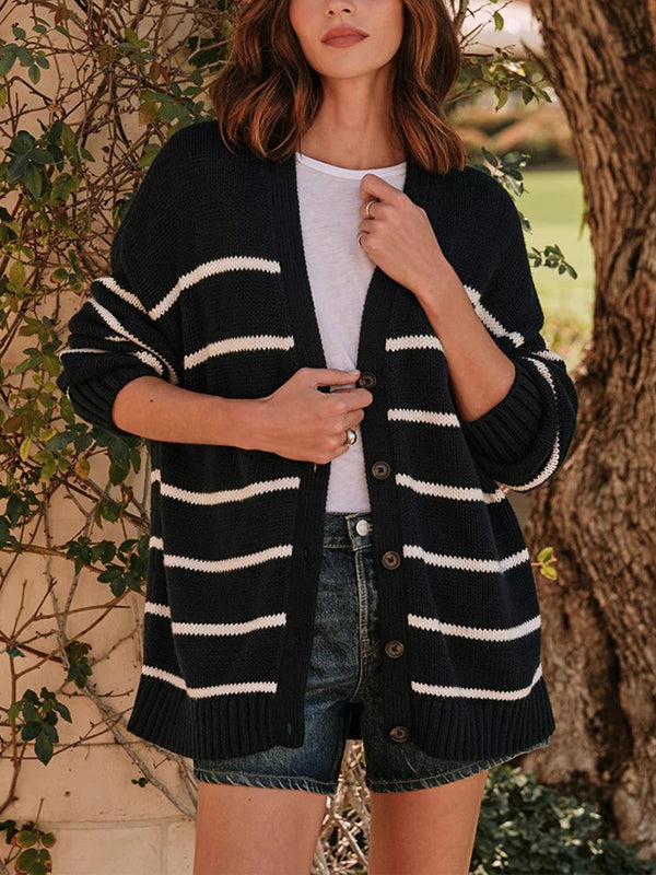 Long Sleeves Loose Split-Joint Striped V-Neck Cardigan Tops