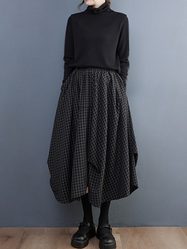 Loose Irregular Clipping Plaid Asymmetric Elasticity Skirts Bottoms