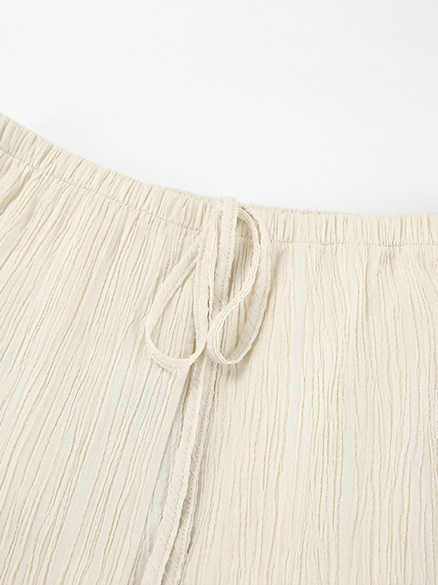 Solid Color Halter-Neck Cropped Pleated Split-Joint Tank Top + High Waisted Elasticity  Tied Waist Pants Trousers Two Pieces Set