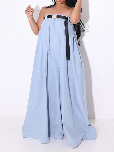 Loose Sleeveless Belted Pleated Pockets Solid Color Tube Jumpsuits