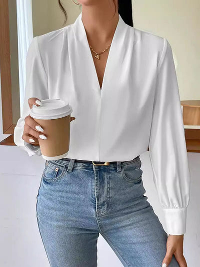 Long Sleeves Loose Pleated Solid Color Split-Joint V-Neck Blouses&Shirts Tops