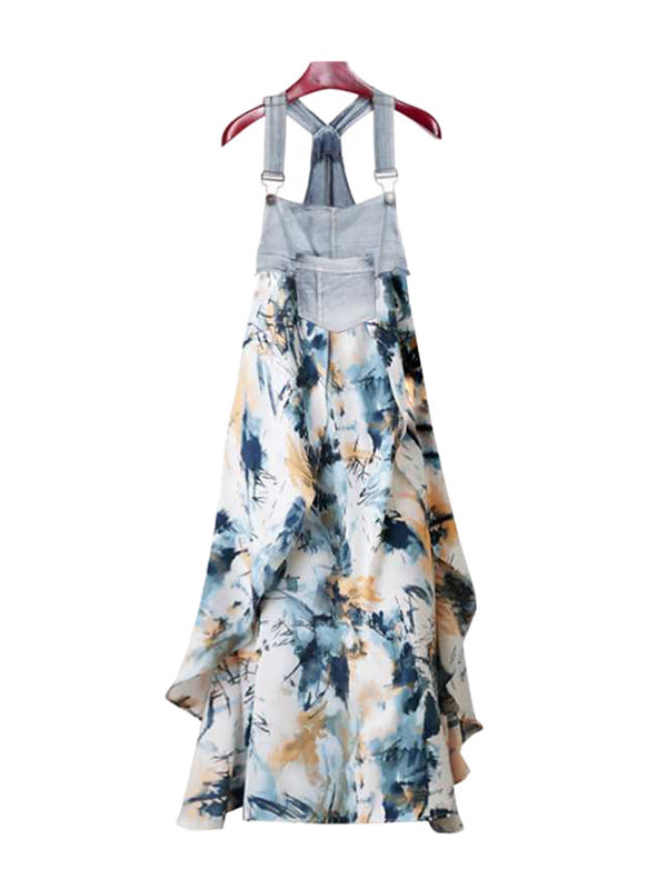 Loose Plus Size Flower Print Pockets Split-Joint Spaghetti-Neck Maxi Dresses Suspender Dress