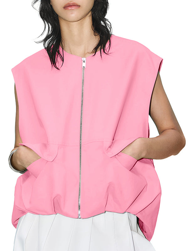 Loose Sleeveless Pockets Split-Joint Zipper Round-Neck Vest Outerwear
