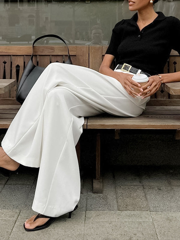 High Waisted Loose No Belt Pleated Pockets Solid Color Suit Pants Trousers