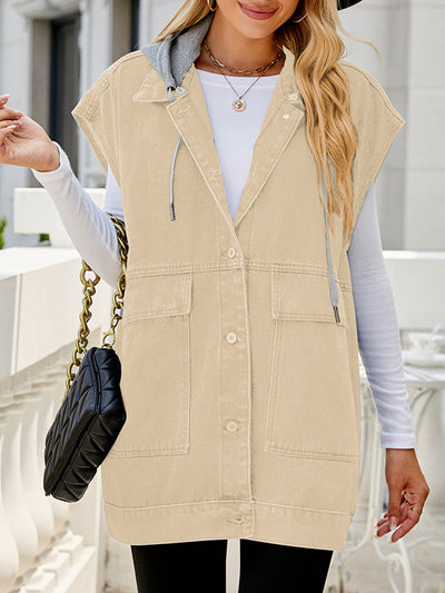 Loose Sleeveless Buttoned Detachable Hooded Pockets Split-Joint Lapel Collar Vest Outerwear