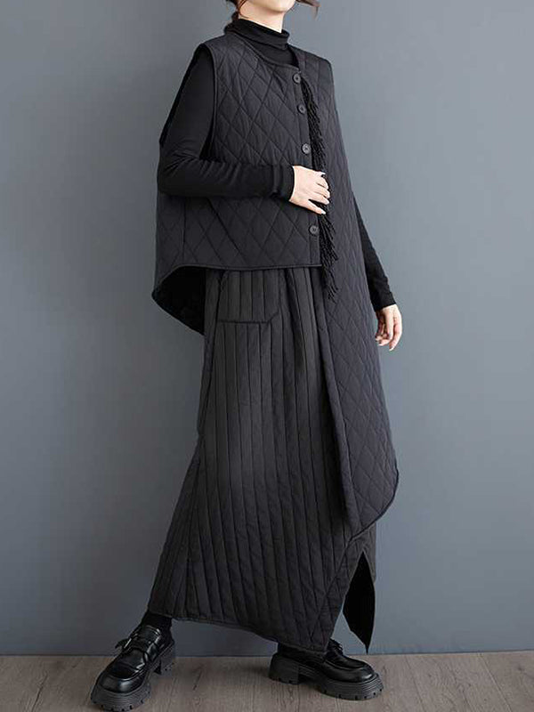 Loose Sleeveless Asymmetric Buttoned Quilted Solid Color Round-Neck Padded Vest