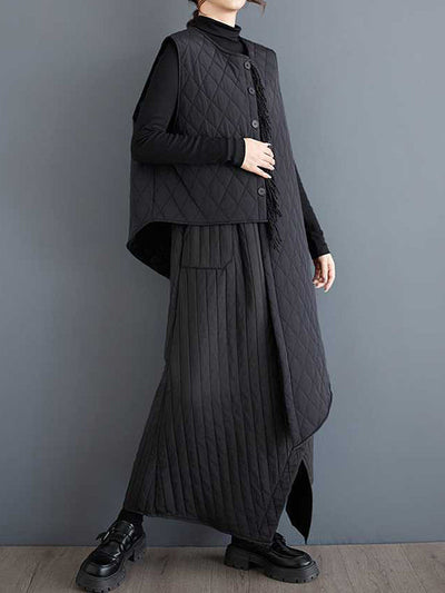 Loose Sleeveless Asymmetric Buttoned Quilted Solid Color Round-Neck Padded Vest