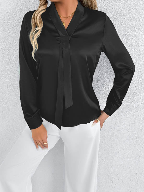 Long Sleeves Loose Solid Color Split-Joint Streamer Scarf Collar Blouses&Shirts Tops
