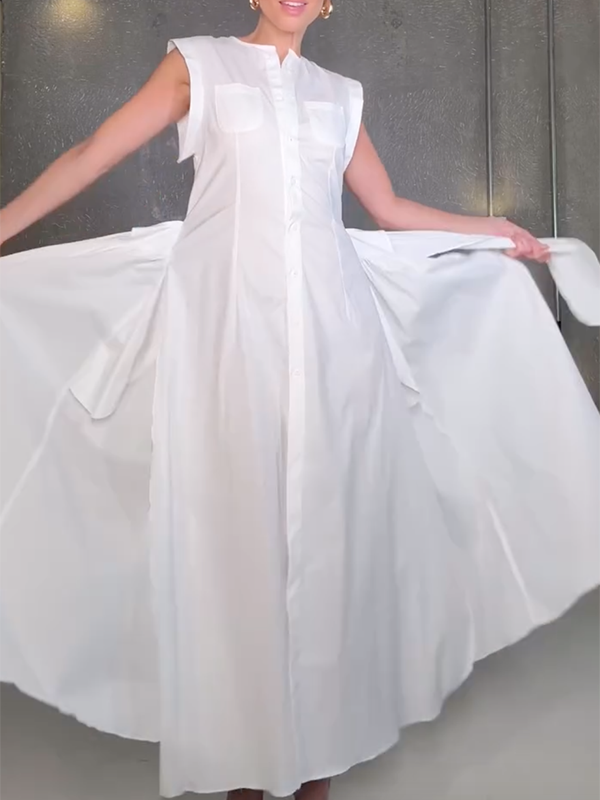 Cap Sleeve Loose Buttoned Solid Color Split-Side Tied Waist Maxi Dresses Shirt Dress