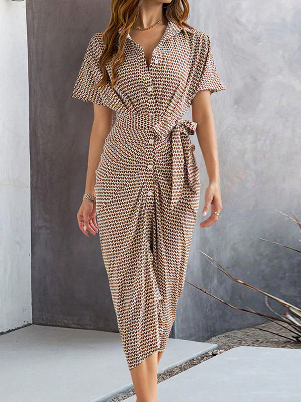 Bodycon Half Sleeves Buttoned Contrast Color Tied Waist Lapel Midi Dresses