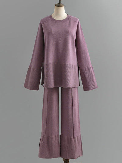 Casual Long Sleeves Loose Solid Color Round-Neck Sweater Tops & Wide Leg Pants Two Pieces Set
