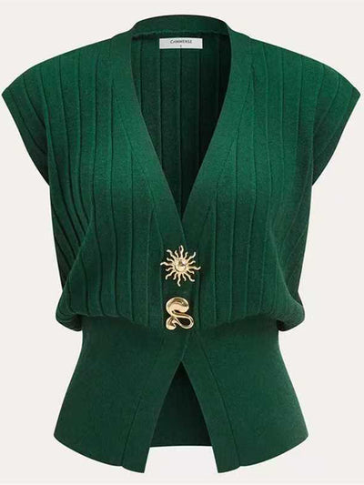 High Waisted Loose Buckle Ribbed Knit Solid Color Split-Joint Split-Side V-Neck Vest Top