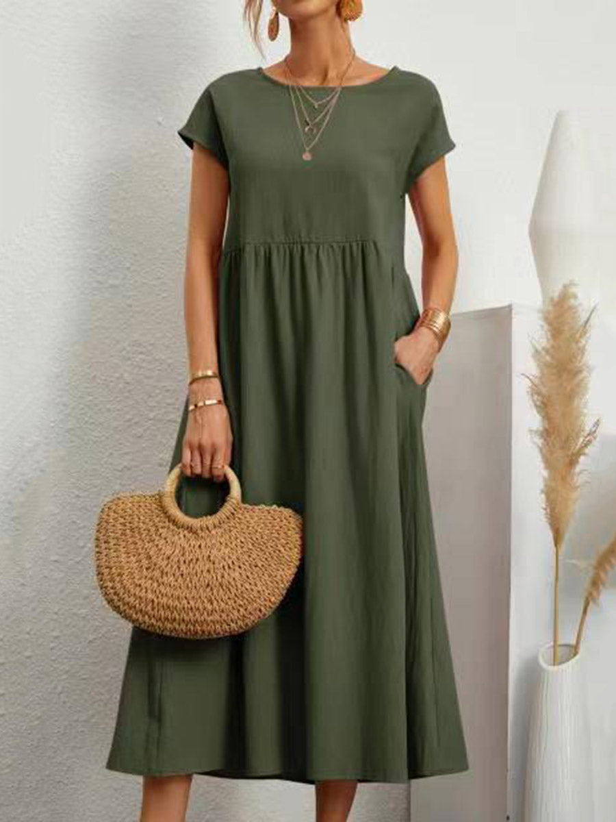 A-Line Plus Size Pleated Pockets Solid Color Round-Neck Midi Dresses