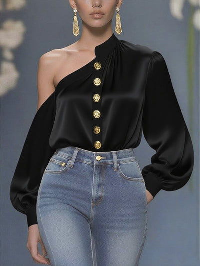 Long Sleeves Loose Asymmetric Buttoned Pleated Solid Color One-Shoulder Blouses&Shirts Tops