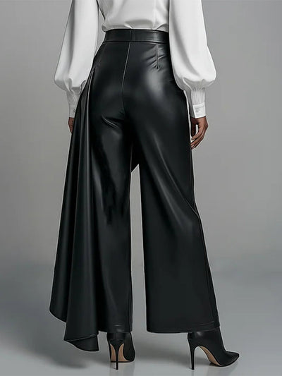 High Waisted Wide Leg Buttoned Pleated Solid Color Split-Joint Zipper Pants Trousers