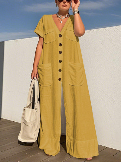 Loose Short Sleeves Buttoned Pockets Solid Color V-Neck Jumpsuits