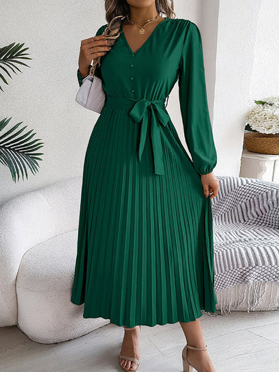 High Waisted Long Sleeves Belted Buttoned Pleated Solid Color V-Neck Maxi Dresses
