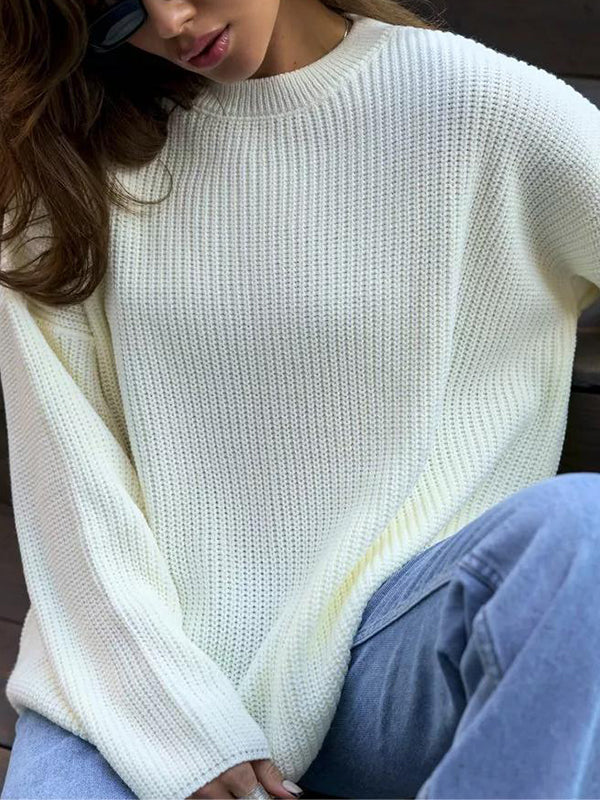 Long Sleeves Loose Solid Color Split-Joint Round-Neck Sweater Tops