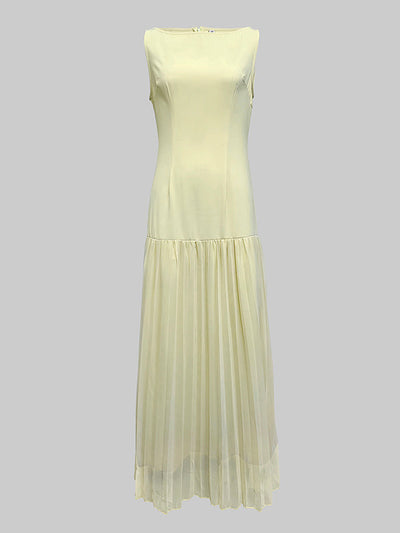Sleeveless Gauze Pleated Solid Color Split-Joint Boat Neck Evening Dresses Maxi Dresses