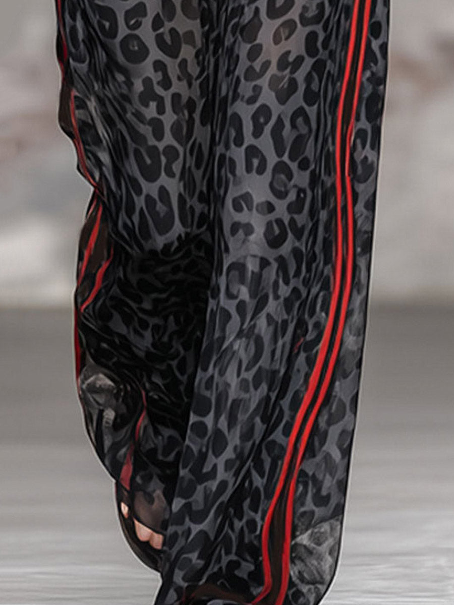 Loose Wide Leg Contrast Color Leopard Pockets Split-Joint Striped Pants Trousers