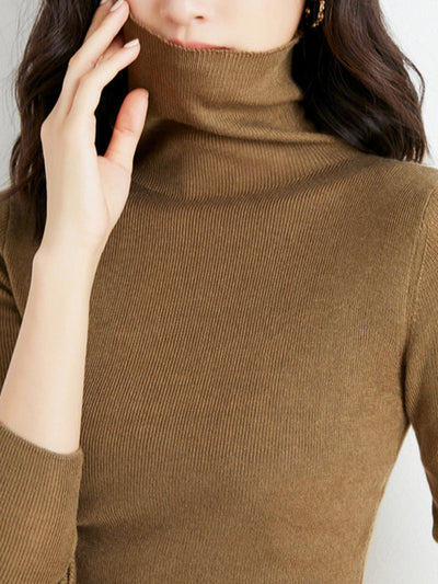 Simple Skinny Long Sleeves Solid Color High-Neck Sweater Tops Pullovers