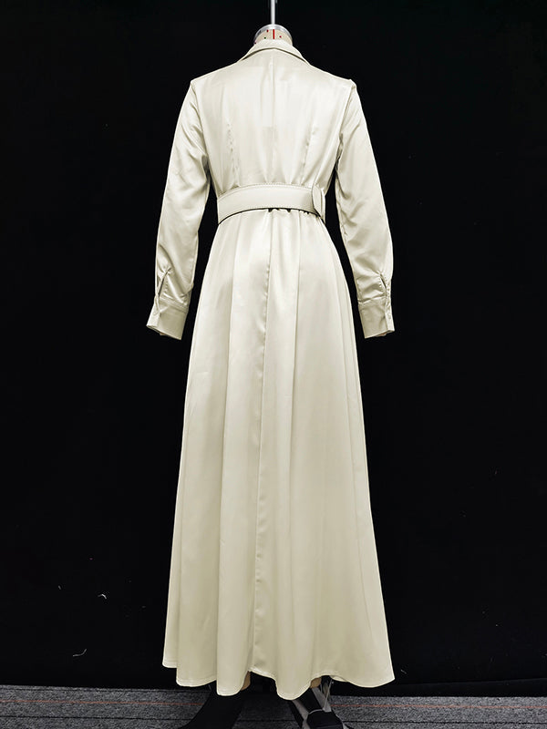 Long Sleeves Loose No Belt Solid Color Notched Collar Maxi Dresses