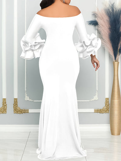 Bodycon Flared Sleeves Falbala Solid Color Split-side Off-the-shoulder Maxi Dresses