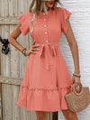 A-Line Loose Buttoned Pleated Polka-Dot Tied Waist Round-Neck Mini Dresses