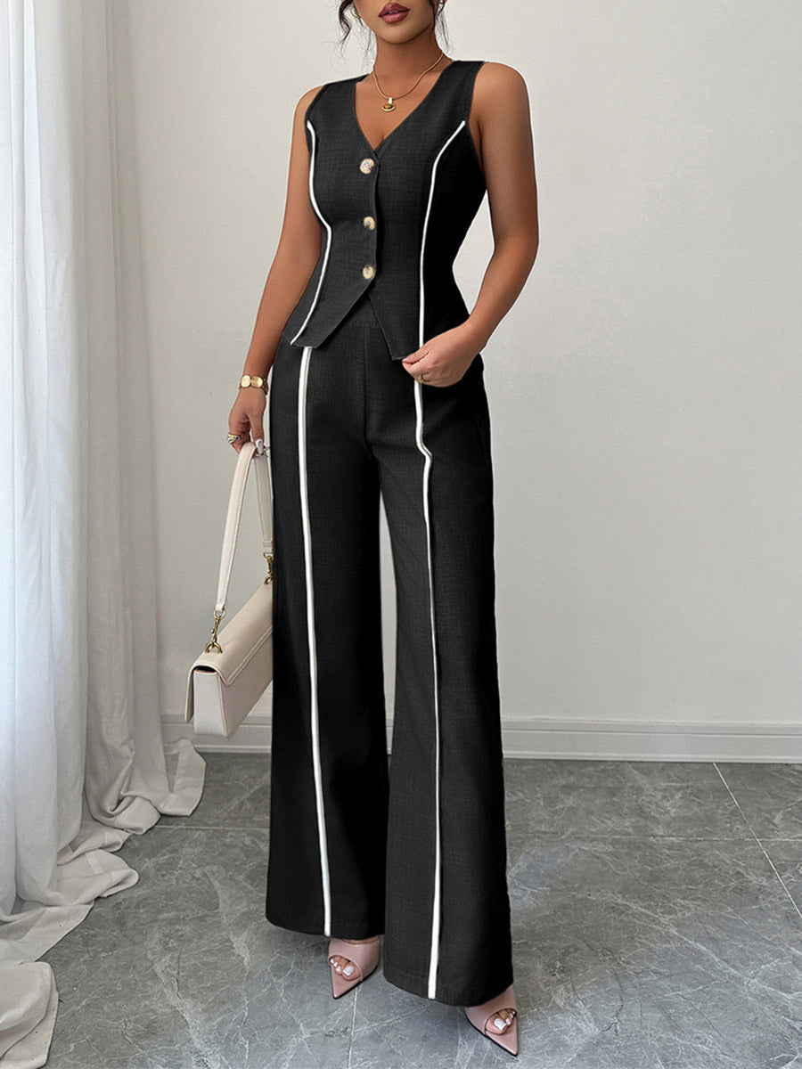 Contrast Color Sleeveless Buttoned V-Neck Blouses&Shirts Tops + High Waisted Pants Trousers Two Pieces Set
