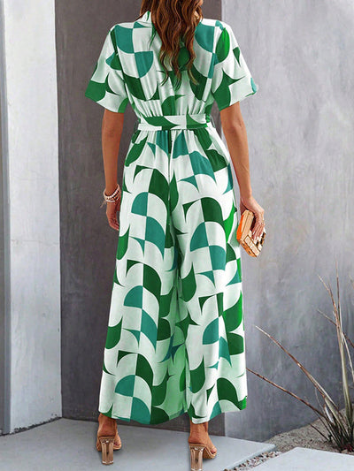 High Waisted Loose Buttoned Contrast Color Tied Waist V-Neck Jumpsuits