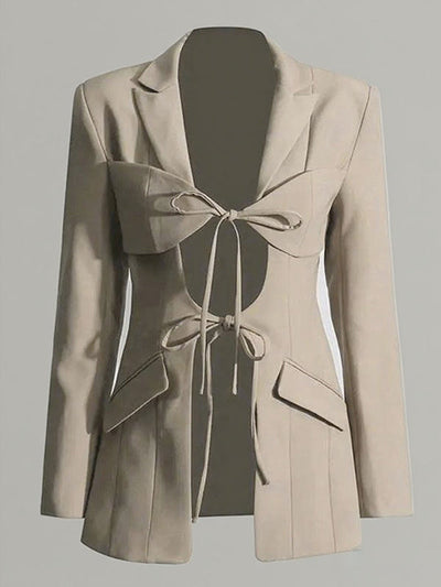 Long Sleeves Loose Pockets Solid Color Tied Notched Collar Blazer Outerwear