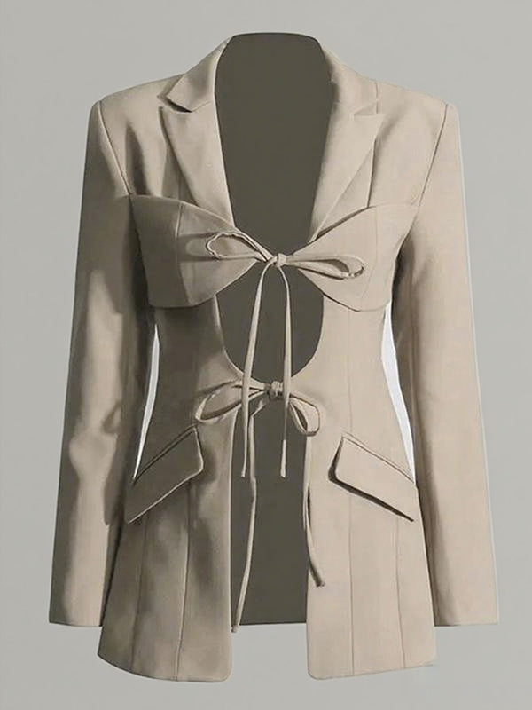 Long Sleeves Loose Pockets Solid Color Tied Notched Collar Blazer Outerwear