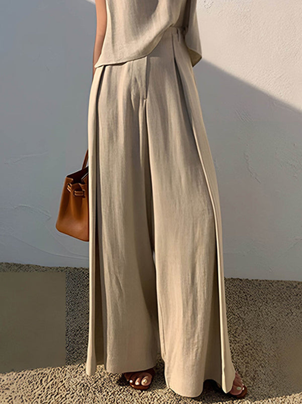 High Waisted Loose Pleated Solid Color Split-Joint Pants Trousers
