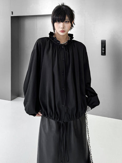 Long Sleeves Loose Drawstring Pleated Pullover Design Solid Color Lace Collar Blouses&Shirts Tops