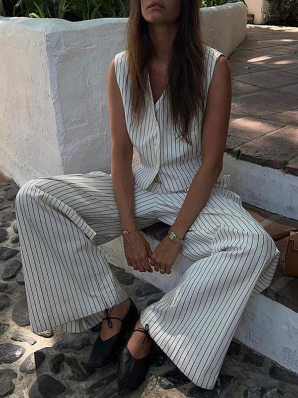Loose Sleeveless Buttoned Striped V-Neck Vest Top + Pockets Pants Bottom Two Pieces Set