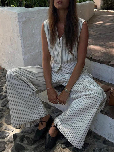 Loose Sleeveless Buttoned Striped V-Neck Vest Top + Pockets Pants Bottom Two Pieces Set