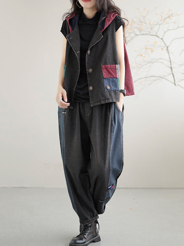 Artistic Retro Loose Denim Sleeveless Buttoned Contrast Color Hooded Vest Outerwear