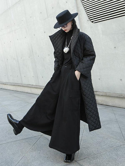 Black Rhombic Split-Side High Collar Long Coat