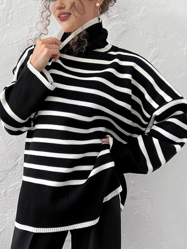 High-Low Long Sleeves Split-Joint Split-Side Striped High Neck Sweater Tops