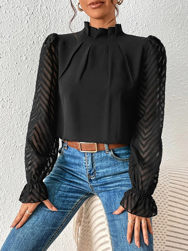 Long Sleeves Loose Elasticity Mesh Pleated Solid Color Mock Neck Blouses&Shirts Tops